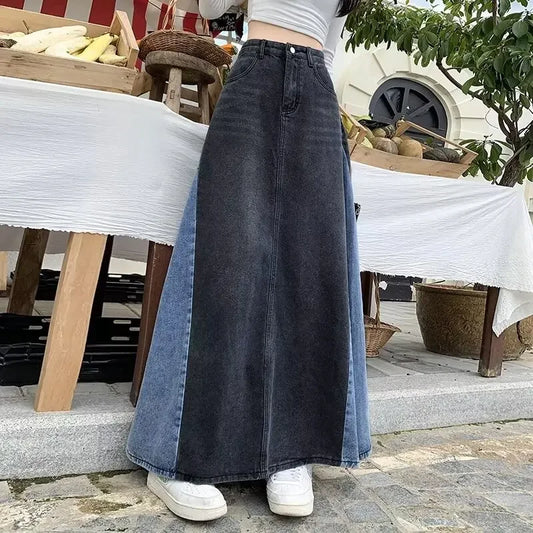 NicheDesign Slimming Color Blocking Denim Long Dress High-Waisted Skirt For Women Spring Autumn Vintage Sensibility Style