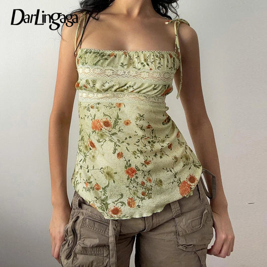 Darlingaga Fairycore Vintage Summer Camis Tops Lace Spliced Floral Printed Strappy Y2K Aesthetic Women Tops Holidays 2000s Cute