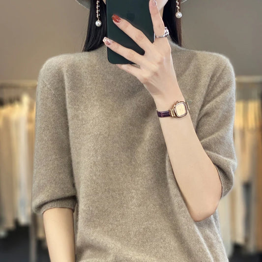 100% pure wool short sleeve summer new women's semi-high neck pullover blouse loose knit vest fashion T-shirt