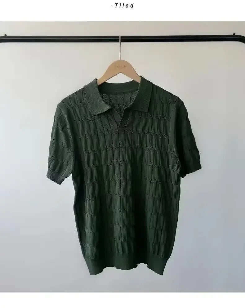 Summer New Light Maturity Knitted Polo Shirt Men's Korean Style Slim Fit Collar Pure Color Casual T-Shirt Cross-Border