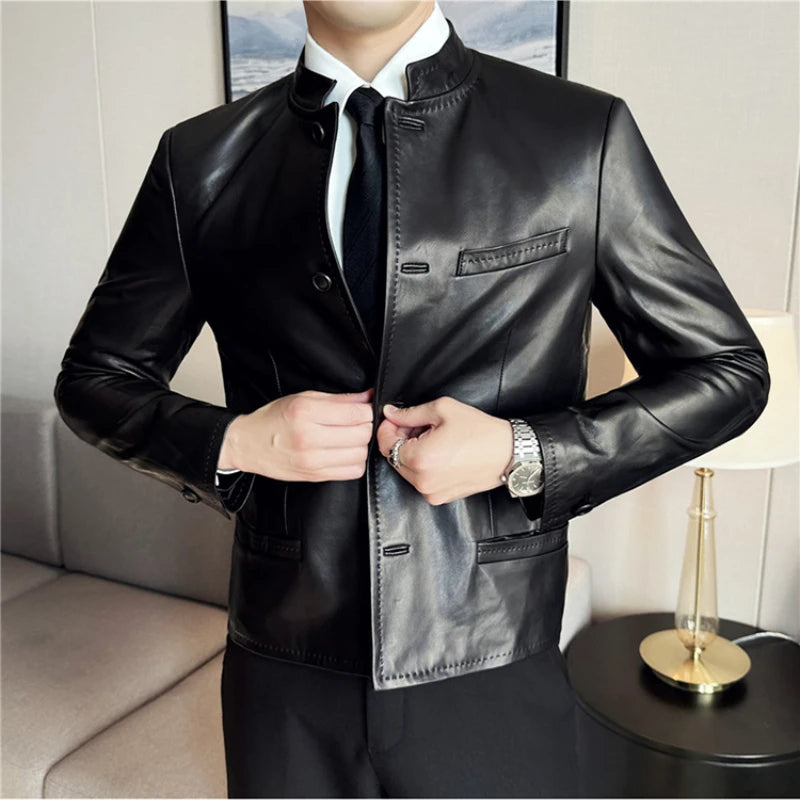 Autumn  Chinese Style Stand Up Collar Leather Jacket Men's Motorcycle Jackets High-end Casual Business Short PU Leather Coats