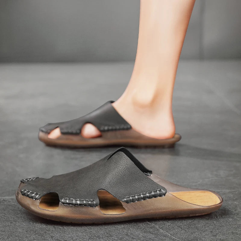 Large Men's Summer Leather Sandals Slippers Soft Sandals Men's Roman Comfortable Outdoor Walking Shoes 38-48