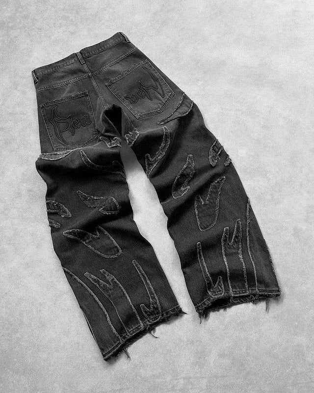 90s Streetwear Retro Hip Op Flame Embroidery Loose High Waisted Men Jeans Female Y2K New Harajuku Gothic Wide Leg Pants