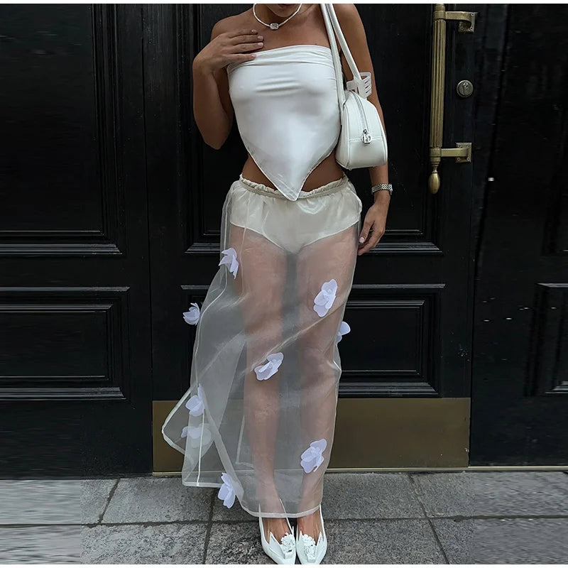 Y2K 3D Floral Gauze Long Skirts For Women 2025 Summer Spring Street See Through High Waist Maxi Skirt Lady Vacation Beach Skirt