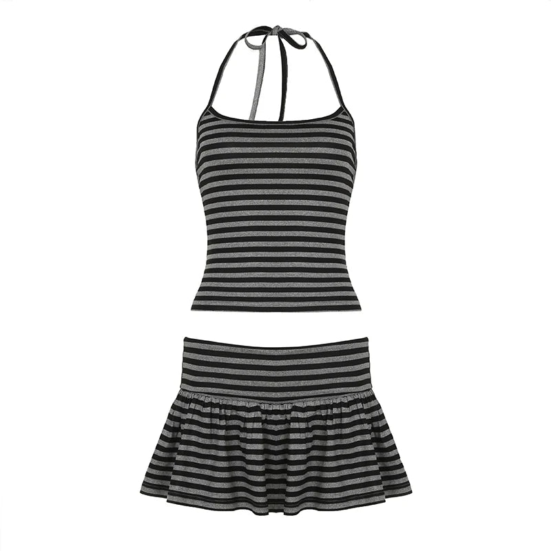 Fashion Stripe Simple Halter Tops + A-Line Mini Skirts  Women’ Set Causal Design Trendy Clothing