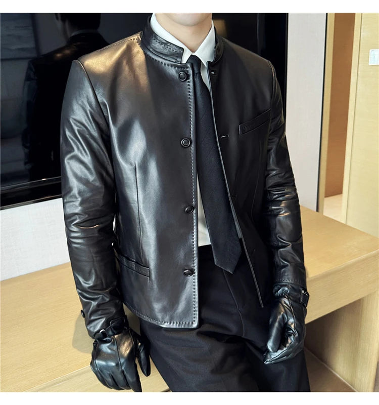 Autumn  Chinese Style Stand Up Collar Leather Jacket Men's Motorcycle Jackets High-end Casual Business Short PU Leather Coats