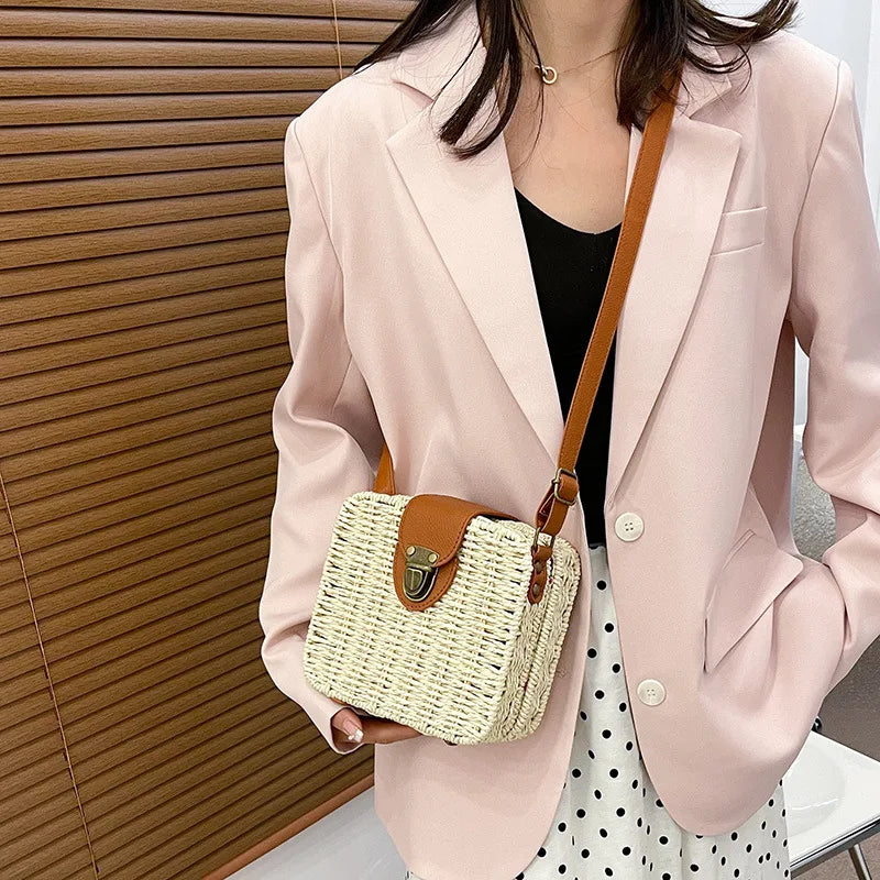 Hand-woven Women Straw Bag Ladies Shoulder Bags Beach Travel Crossbody Bag Female Small Rattan Box Handbag Shopper Totes Bohemia