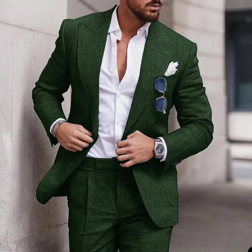 Fashion Linen Suits for Men High Quality Peak Lapel Double One Button Male Suit Slim Chic Casual Wedding Tuxedo 2 Piece Costume