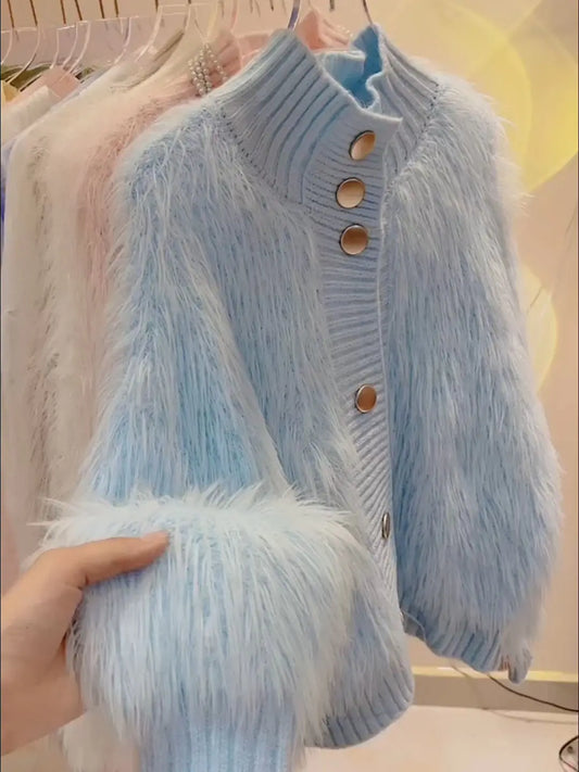 2025 Women Fur Faux Knitted Cardigan Sweater Jacket Korean Style Womens Sweaters Autumn Women's Clothes Knitwear V Neck Knit