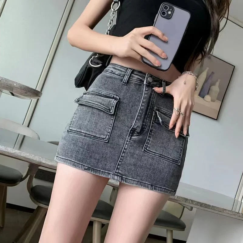Xpqbb Denim Short Skirt for Women Korean Style High Waist Pockets Cargo Mini Skirt Female Sexy Skinny Anti-Glare Bodycon Skirts