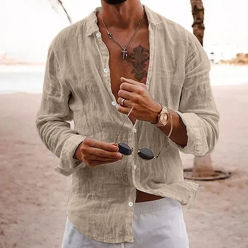 2025 Men's Cotton Linen Shirts Top Simple Laple Solid  Man Shirts Tops Comfortable Loose Casual Holiday Shirts for Men Blouses