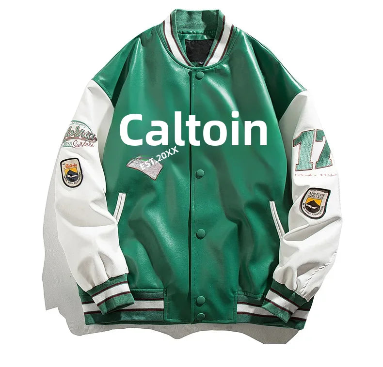 Men's High-end Feel Baseball Jacket New Spring Autumn Style Embroidered Fighter Pilot Pu Leather Patchwork Color Blocking Top