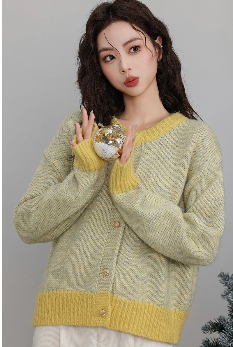 HELIAR Single-breasted Cardigan Long Sleeve Patchwork Knitted Sweater O-Neck Casual Warm Coat Office Outerwear Autumn Winter