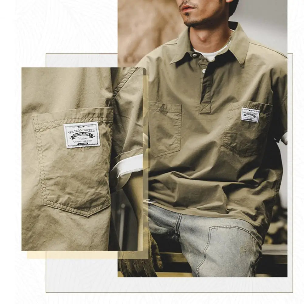 Man Shirts Summer Cargo Shirt American Retro Loose Short Sleeves Lapel Men Tops Work Shirt Multi Pockets Half Sleeve Casual Tops