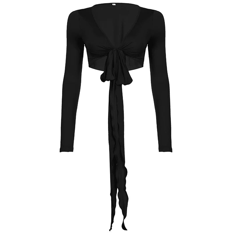 Cuteandpsycho Solid Slim Lace Up Leisure Shirts Long Sleeves V-neck Chic Basics Clothes Y2K Streetwear Casual Tops for Women
