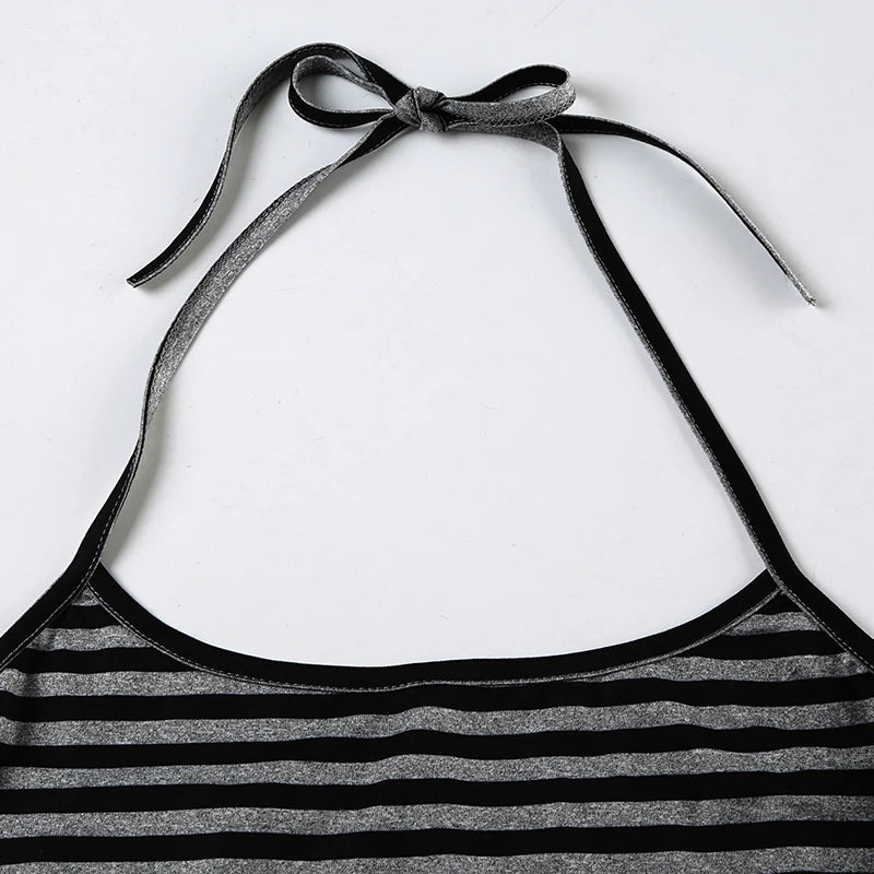 Fashion Stripe Simple Halter Tops + A-Line Mini Skirts  Women’ Set Causal Design Trendy Clothing