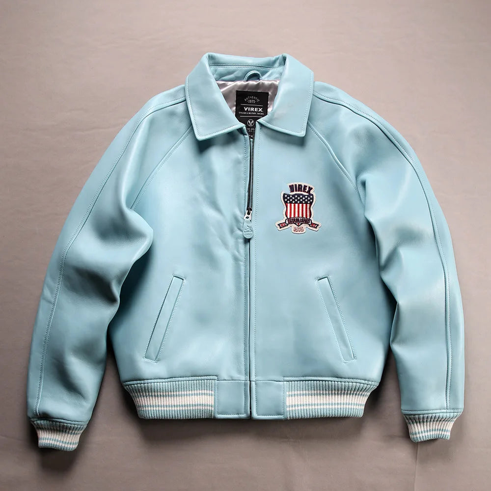 Men's Genuine Leather Varsity Jacket Us plus size Thick European lambskin High Quality Embroidery Avirex Brand