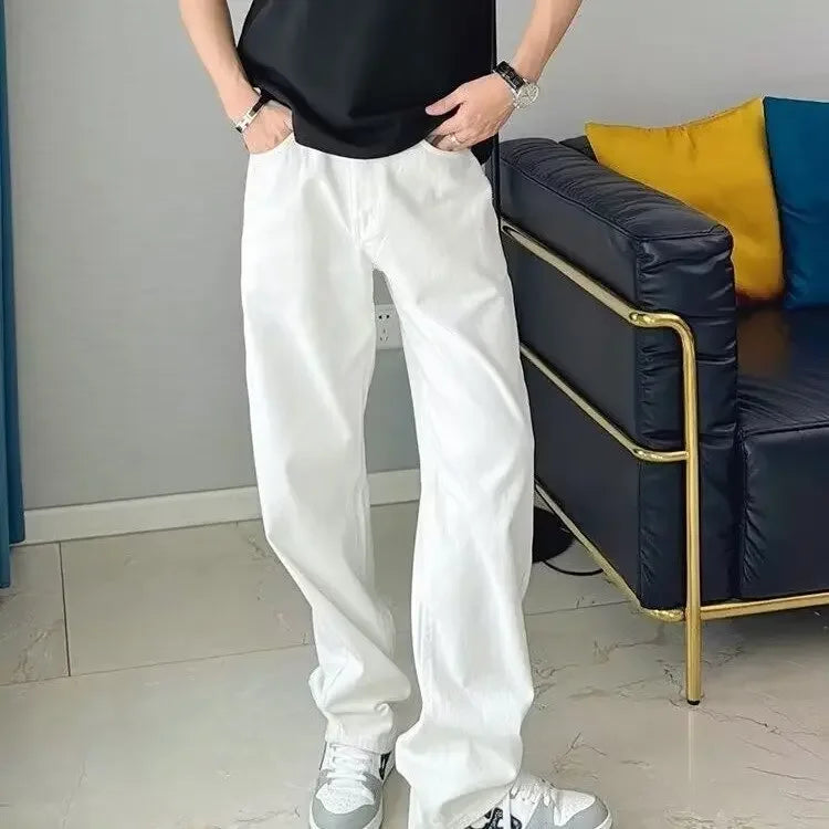 Hong Kong Style White Jeans For Men Casual Loose Fit Trendy Brand Vibe High Street Straight Leg Pants Autumn Season
