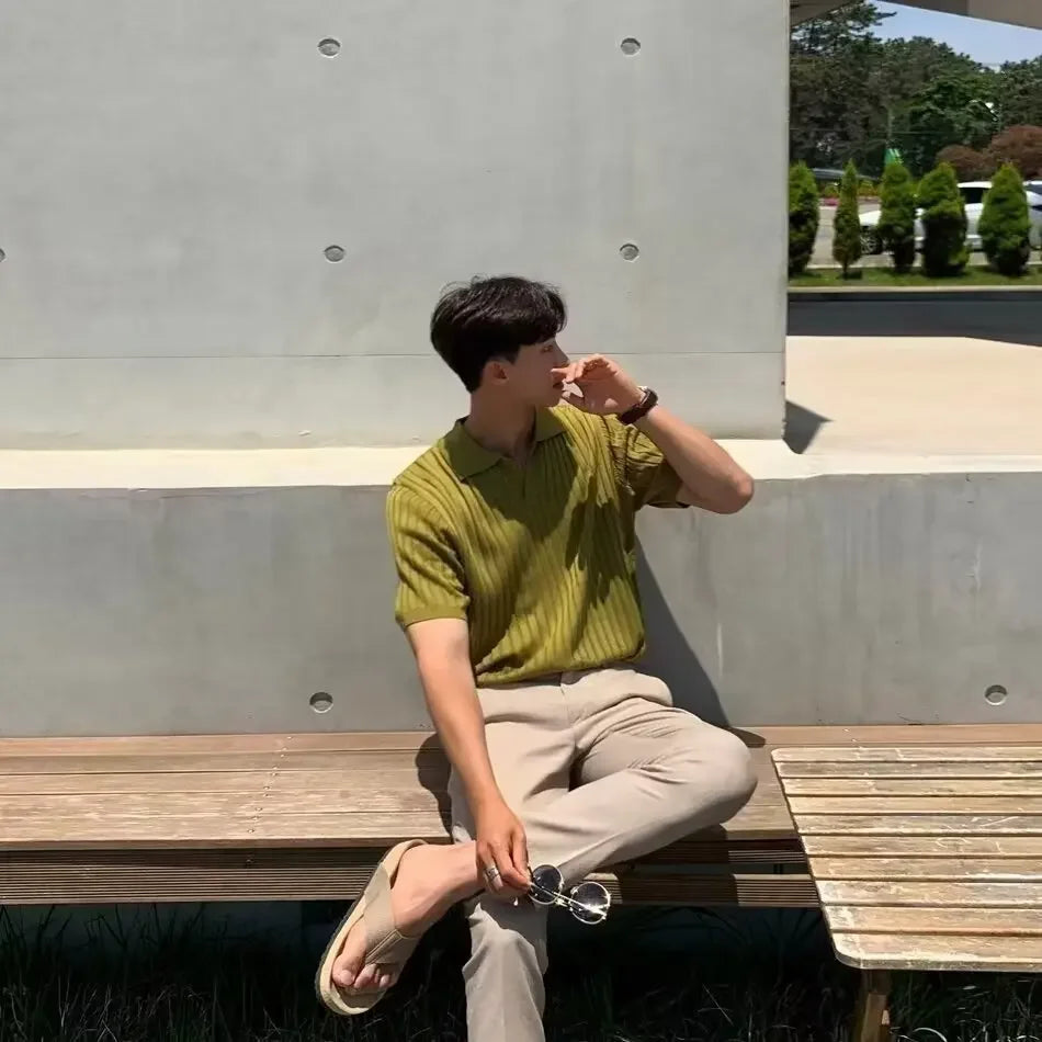 Summer New Light Maturity Knitted Polo Shirt Men's Korean Style Slim Fit Collar Pure Color Casual T-Shirt Cross-Border