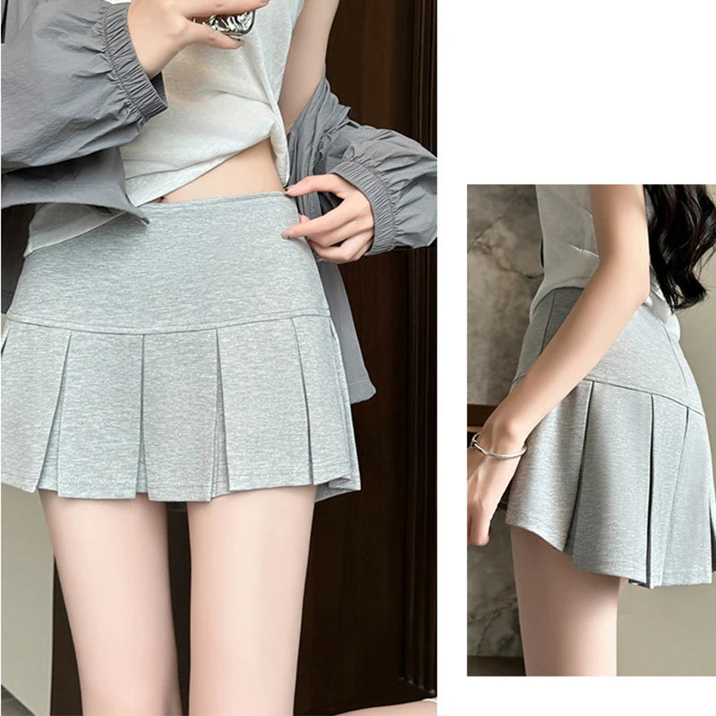 Korean Pleated Mini Skirt Women Summer 2025 New High Waist Wide Pleat Light Grey Sexy Vintage A-Line Pleated Skirt Casual Skort
