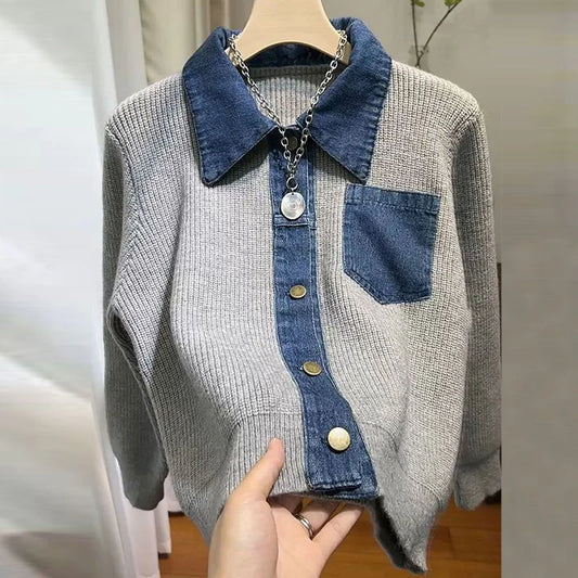 Women's Trendy Vintage Denim Patchwork Single Breasted Knitted Cardigan Autumn Casual Long Sleeve Loose Chic Pocket Sweater Coat