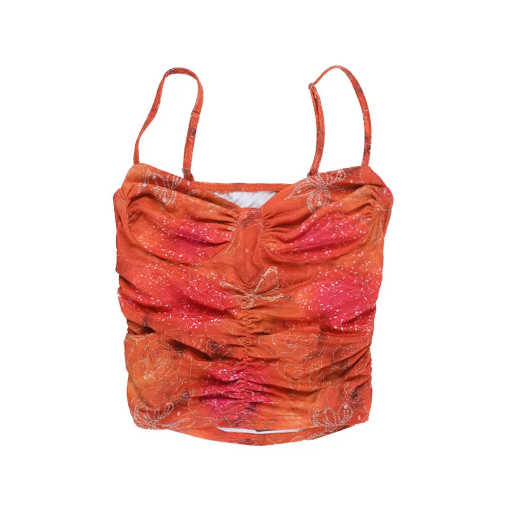 Summer Backless Spaghetti Strap Print Women Crop Top Sexy Bustier Sleeveless Casual Holiday Beach Party Short Skinny Bottom Top