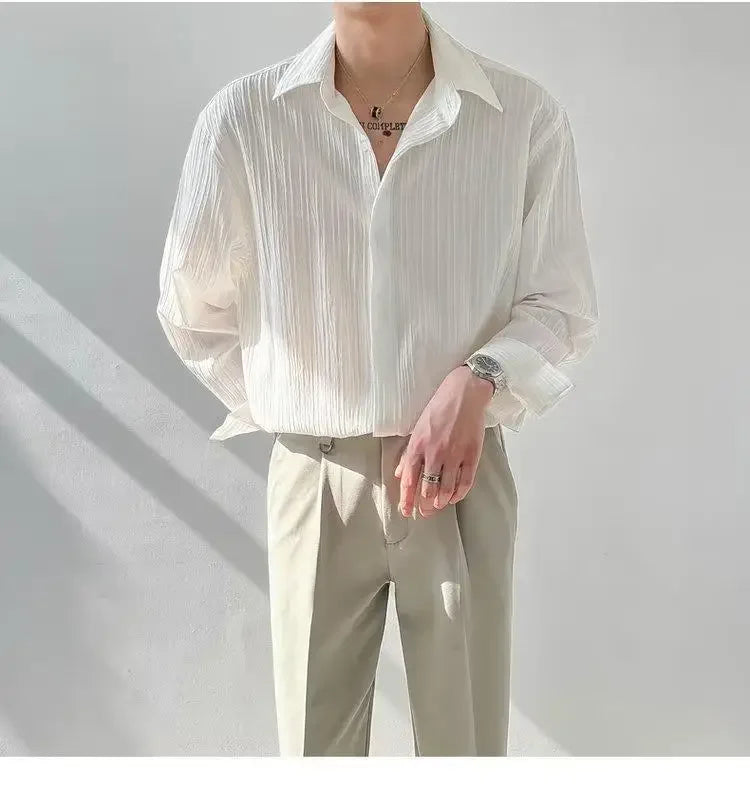 Trendy Stylish Striped No-iron Shirt Autumn Texture Top Korean Version Loose-fit Casual Long Sleeves Shirt For Men