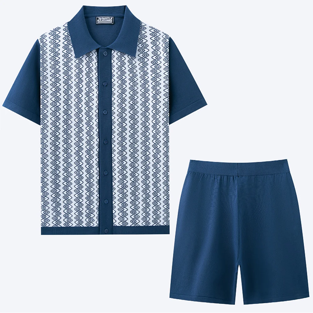 Men's Cardigan Knitted Short-Sleeved Shorts Suit Retro Casual Fashion Trend Loose Breathable Daily 2025 Summer New Men's Suit