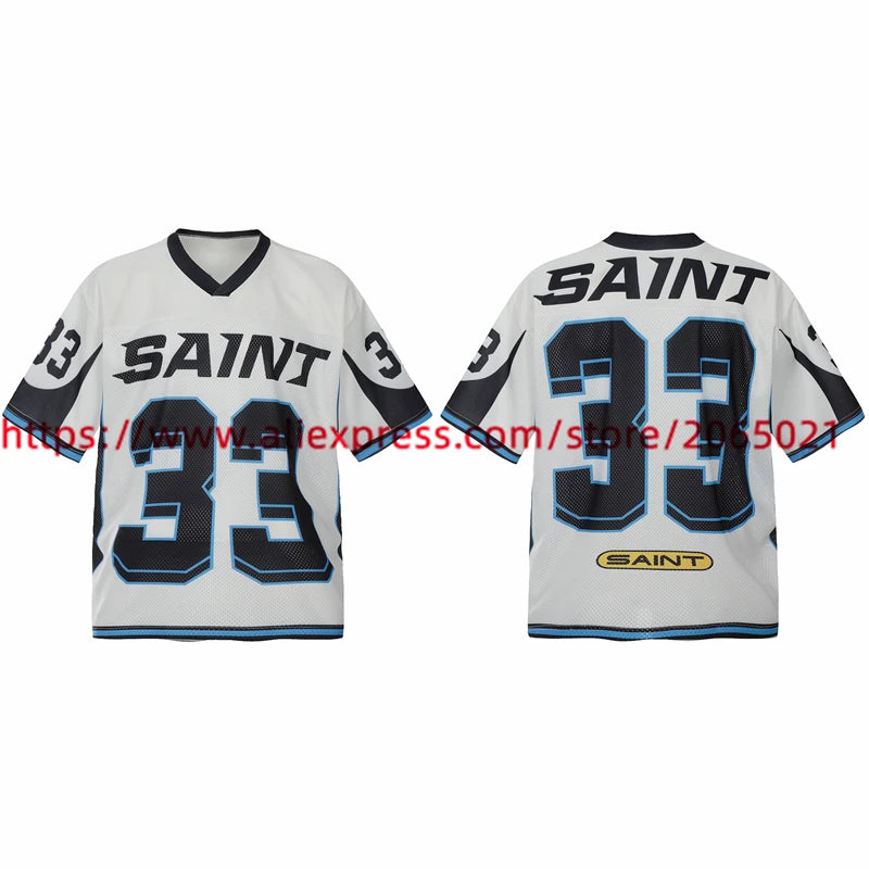 Black White Patchwork Mesh Saint T-Shirt Men Women High Quality Short Sleeve Tee Loose T Shirt
