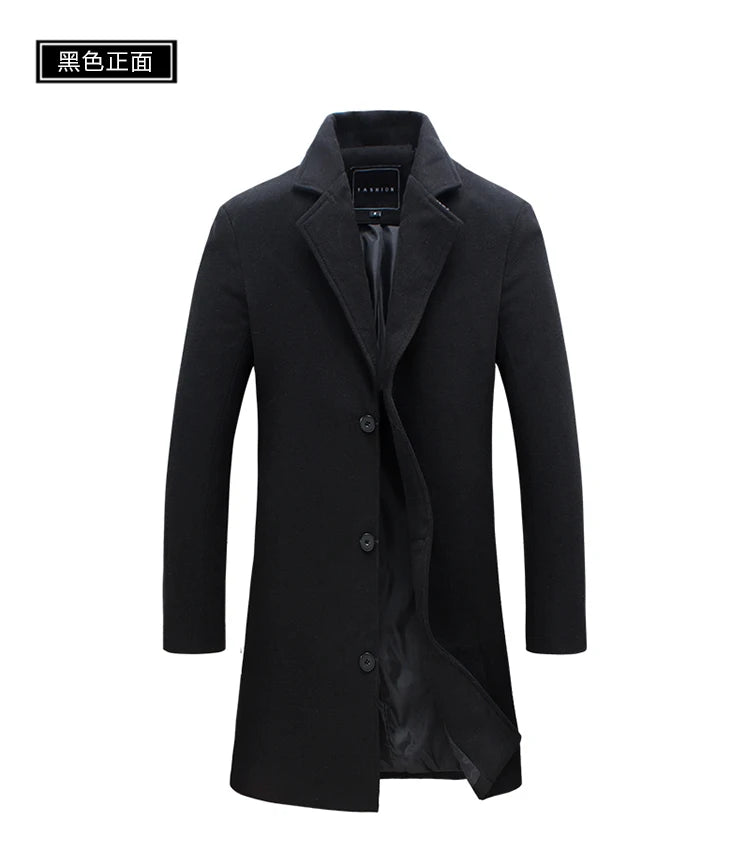 2025 Autumn Winter New Wool Men Long Cotton Coat Blend Pure Color Casual Business Fashion Slim Windbreaker Jacket Men Clothing