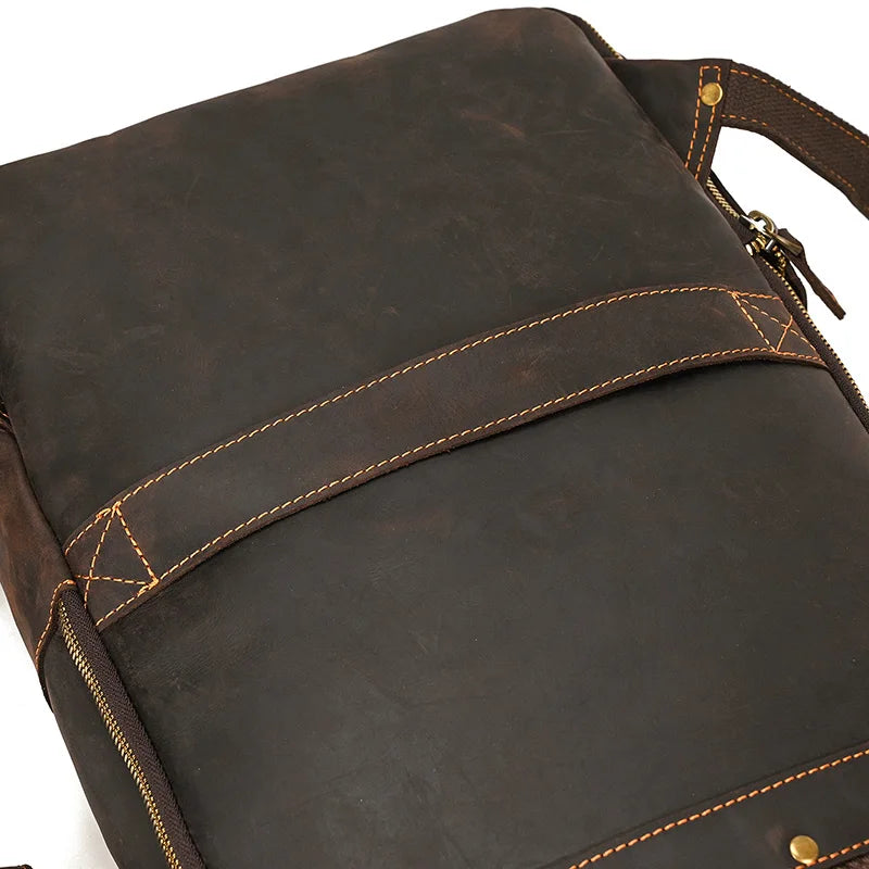 Vintage Travel Backpack leather double zipper bagpack male crazy horse leather backpack handmade leather travel bag men bag