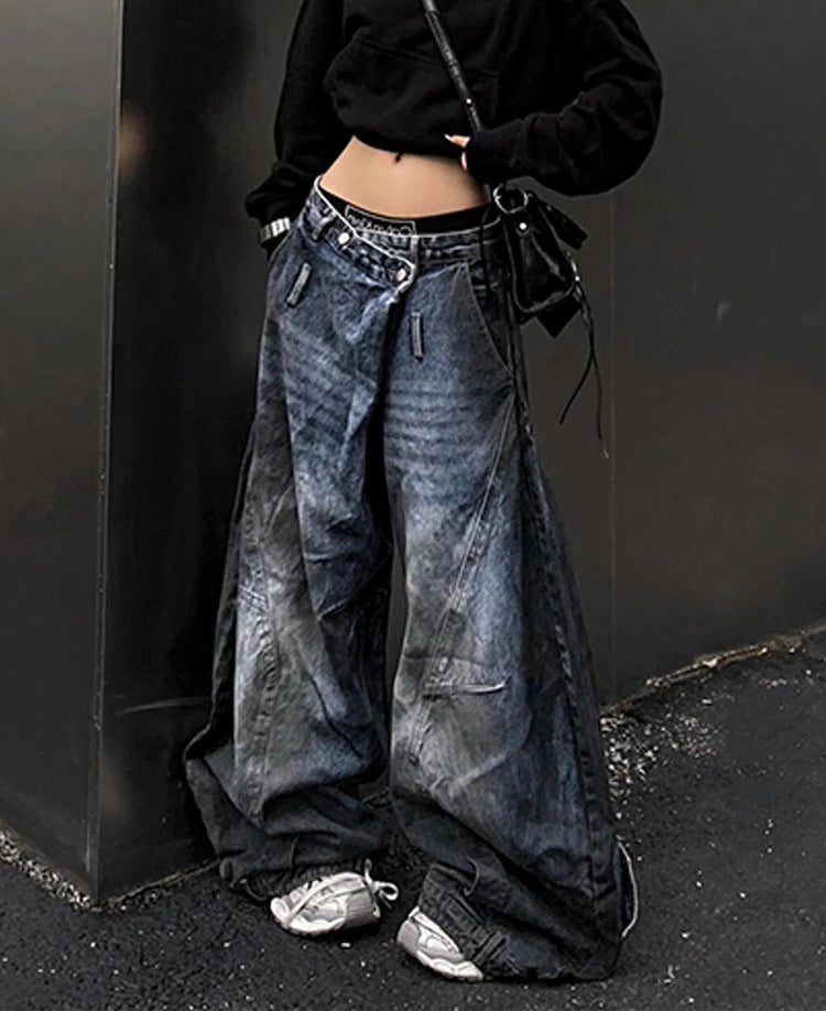 Blue Womens Jeans High Waist Vintage Design Hip Hop Straight Baggy Denim Pants Street Y2K American Style Wide Leg Denim Trouser
