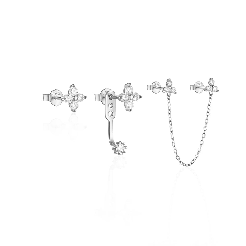 Aide 925 Sterling Silver 3pcs Set Two Stud Tassel K Gold Chain Flower Zircon Earrings For Women Fine Jewelry Valentine Day Gift