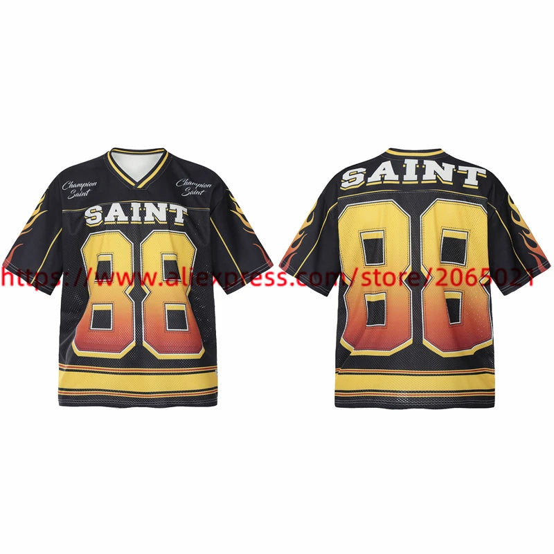 Black White Patchwork Mesh Saint T-Shirt Men Women High Quality Short Sleeve Tee Loose T Shirt