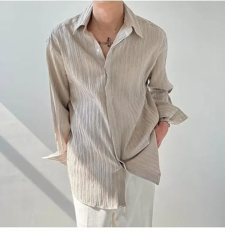 Trendy Stylish Striped No-iron Shirt Autumn Texture Top Korean Version Loose-fit Casual Long Sleeves Shirt For Men