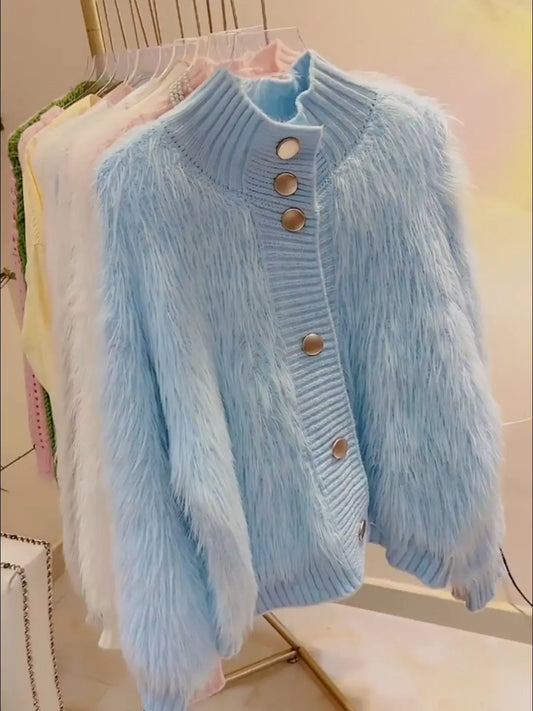 2025 Women Fur Faux Knitted Cardigan Sweater Jacket Korean Style Womens Sweaters Autumn Women's Clothes Knitwear V Neck Knit