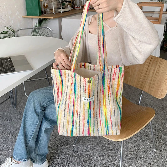 JIOMAY Handbags for Women 2024 Designer Beach Bag Casual with Buckle Cute Tote Bags Stripes Shopper Rainbow Canvas Shoulder Bag