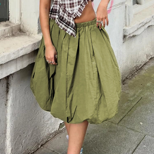 Women Bubble A-Line Skirt Casual Summer Solid Color Elastic Waist Gothic Midi Skirt for Beach Vacation Club Streetwear