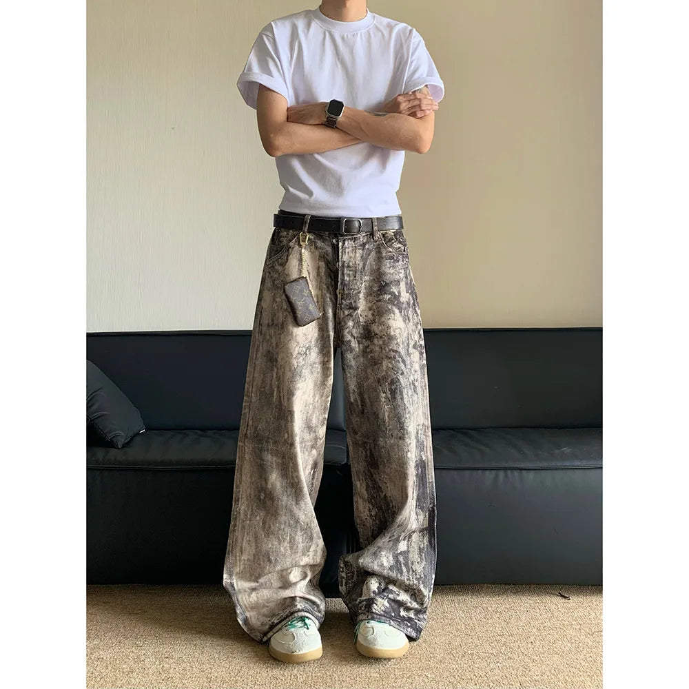 Jeans Men Floor Length Pant Denim Pants Camouflage Print Loose Casual Straight Trousers Pocket Splice Autumn Winter 2024
