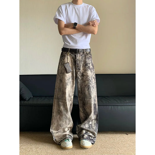 Jeans Men Floor Length Pant Denim Pants Camouflage Print Loose Casual Straight Trousers Pocket Splice Autumn Winter 2024