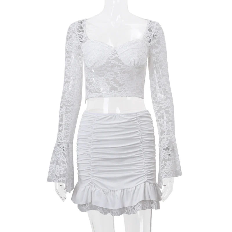 WhereMery French Elegant Y2K Lace See-through Long Sleeve Crop Top and Ruched Slim Skinny Mini Skirt Fashion Women's 2 Piece Set