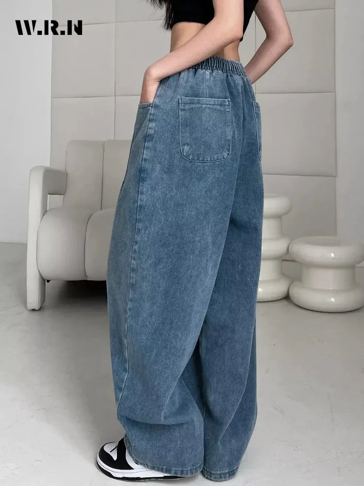 2025 Summer Women's Casual Harajuku Jeans Vintage Loose Elastic Waist Washed Pants Y2K Wide Leg Punk Baggy Denim Trouser