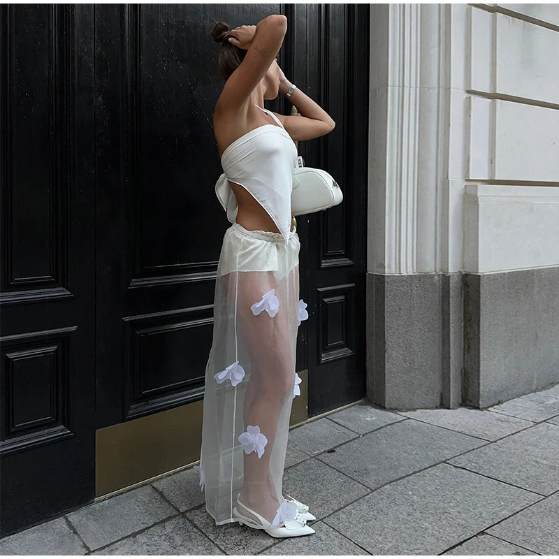 Y2K 3D Floral Gauze Long Skirts For Women 2025 Summer Spring Street See Through High Waist Maxi Skirt Lady Vacation Beach Skirt