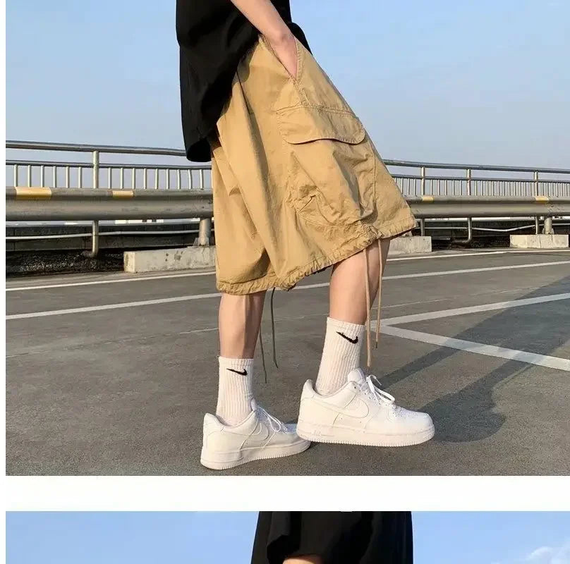 Khaki 7-point Men Summer Thin Japanese Workwear Wide-leg Loose Over-knee Shorts