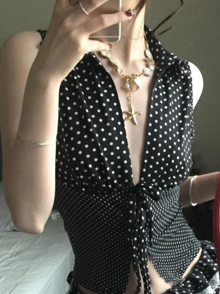 Aesthetic Vintage Hot Girl Slim 2-piece Set Women Gothic Retro Sleeveless Lace Up Polka Dot Vest Top Lace Low-waist Skirt Suit