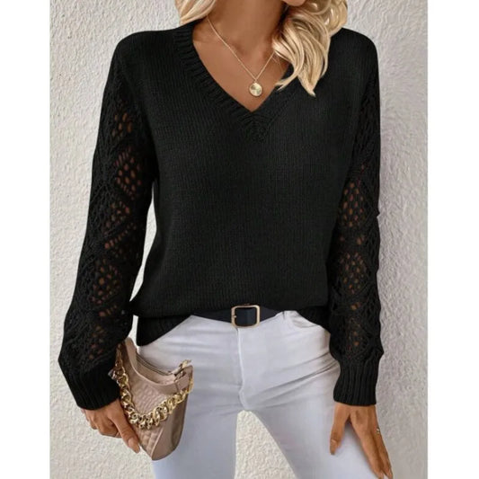 Autumn And Winter Fashion V-neck Pullover Sweater Elegant Women's Casual Hollow Long Sleeve Knitted Solid Color Loose Sweater
