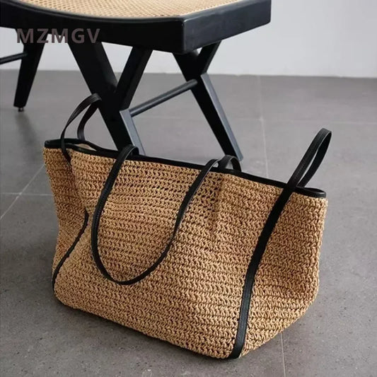 Vintage Lafite Grass Weave Straw Bags Luxury Design Vacation Style Large Capacity Shoulder Bag Summer Shopping Beach Tote Bag