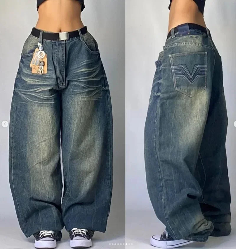 Y2K New American Retro Hip-Hop Cherry Blossom Dragon Print Loose Jeans For Men and Women Gothic Hip-Hop Casual Joker Street Wear