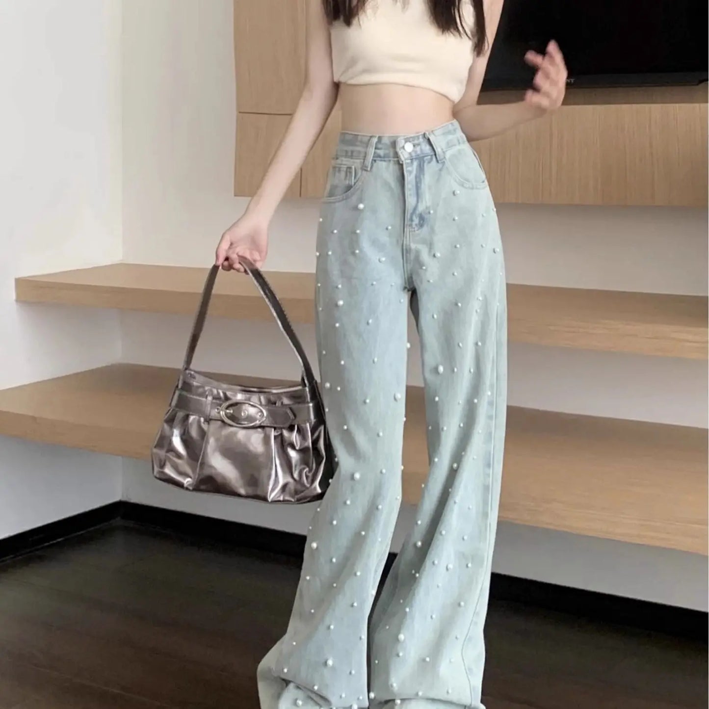 Women's Jeans High Waist Straight Blue Beaded Pearls Denim Pants Spring Autumn Chic Streetwear Design Baggy Jeans Women Clothing