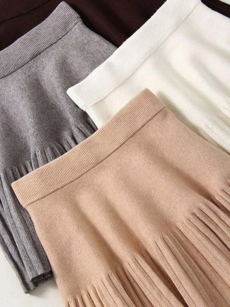 Knitted Pleated School Skirt Women Spring Winter Sexy A-line Women's Skirt Solid Casual High Waist Short Skirts For Woman Black
